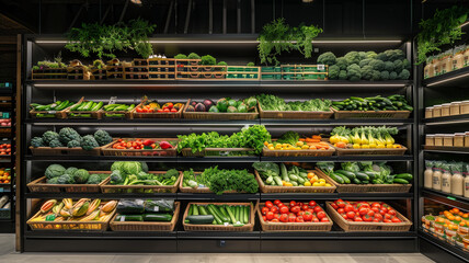 Neatly displayed fruits and vegetables in a large supermarket.