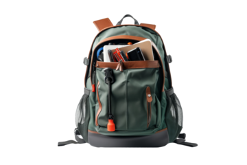 Backpack Filled With Books and Items. On a White or Clear Surface PNG Transparent Background.