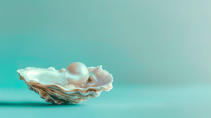 Open oyster with shining pearl on a light turquoise minimal background.  Web banner with empty space for text. Product promotion