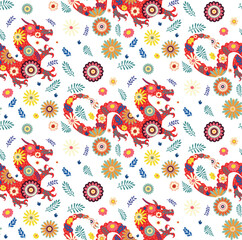 Dragon and flowers pattern. Decorative flowers and dragon silhouette, retro floral pattern design - 780366588