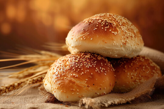 Freshly baked buns with sesame seeds. Background image. Created with Generative AI technology.