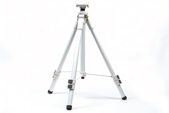 White camera tripod isolated on a solid white background.