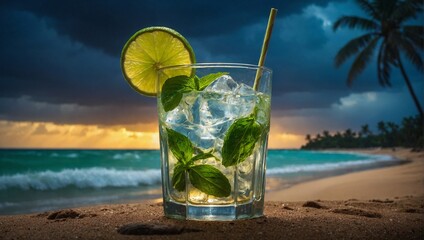 Classic mojito drink with ice, on stunning tropical beach with stunning sky