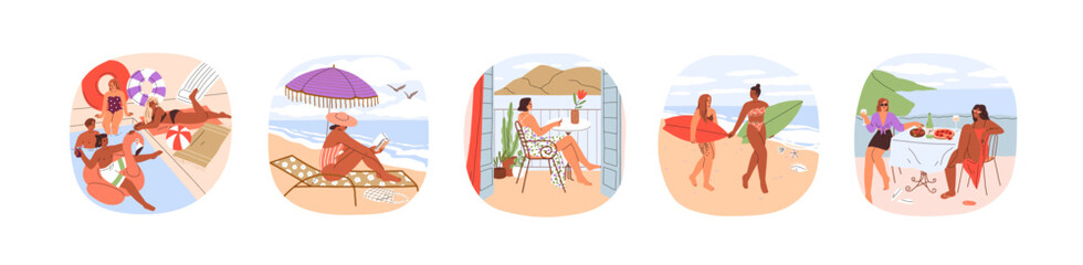 Naklejka premium Summer holiday leisure set. Women tourists relaxing at pool, sunbathing, reading on beach, surfing on vacation. Rest, relaxation at sea resort. Flat vector illustration isolated on white background