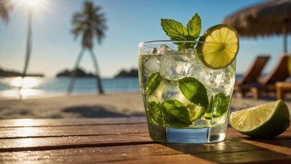 Classic mojito drink with ice, on stunning tropical beach