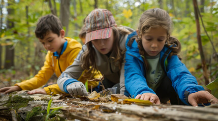 Obraz premium Students learning outdoors in forest, hands-on activities such as environmental science experiments, benefits of outdoor education in fostering connection to natural world and experiential learning