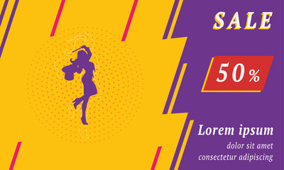 Sale promotion banner with place for your text. On the left is the enchantress symbol. Promotional text with discount percentage on the right side. Vector illustration on yellow background