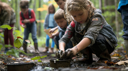 Students learning outdoors in forest, hands-on activities such as environmental science experiments, benefits of outdoor education in fostering connection to natural world and experiential learning