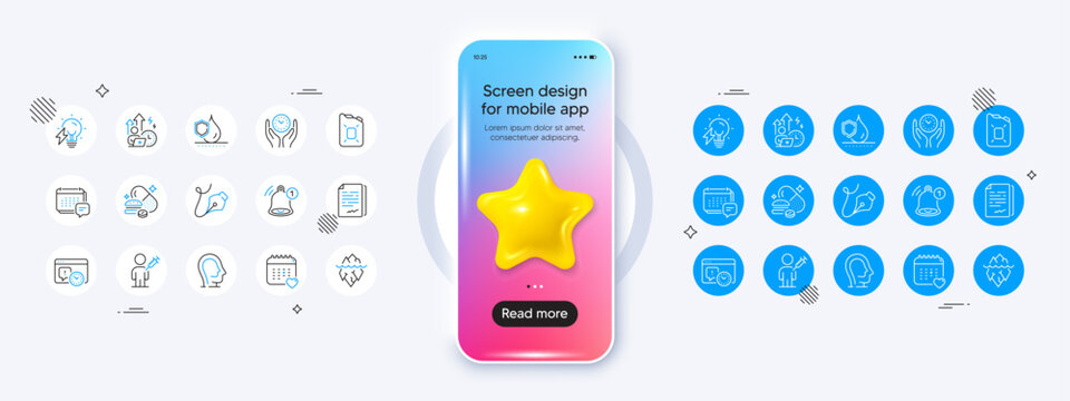 Overeating pills, People vaccination and Pen tool line icons. Phone mockup with 3d star icon. Pack of Canister oil, Iceberg, Reminder icon. Message, Waterproof, Safe time pictogram. Vector