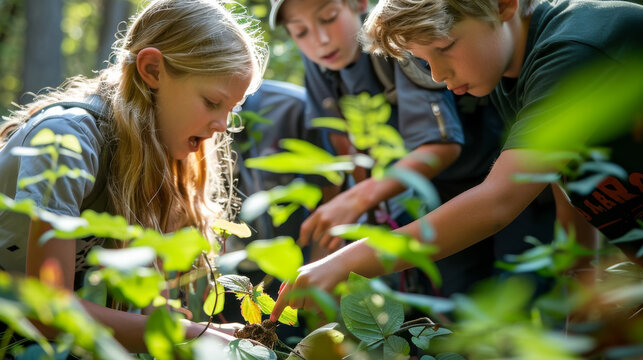Students learning outdoors in forest, hands-on activities such as environmental science experiments, benefits of outdoor education in fostering connection to natural world and experiential learning