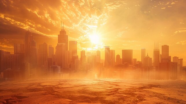 A cityscape under the scorching sun streets empty and shimmering with heat illustrating the ghost town effect of a severe heatwave.