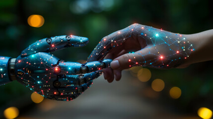 Close-up of a robot's hand touching a human hand on a dark background. Robot-human contact. Working together. Concept of technology, relationship. - obrazy, fototapety, plakaty