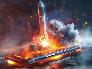 Space rocket launch from smartphone, creative metaphor for powerful technology and innovation. - obrazy, fototapety, plakaty