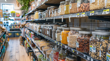 Zero waste grocery store where customers bring their own containers to fill with bulk food items and package-free products , concept of reducing waste and conscious consumption and minimal packaging