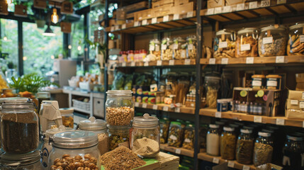 Zero waste grocery store where customers bring their own containers to fill with bulk food items and package-free products , concept of reducing waste and conscious consumption and minimal packaging
