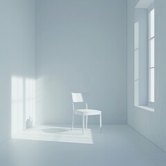 A stark white room with only a single chair in the center.