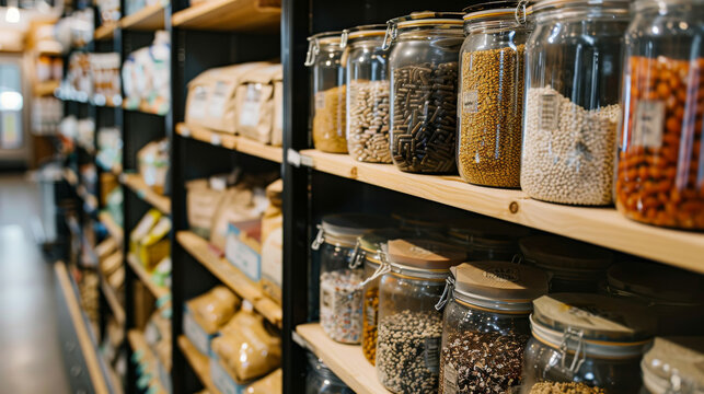 Zero waste grocery store where customers bring their own containers to fill with bulk food items and package-free products , concept of reducing waste and conscious consumption and minimal packaging