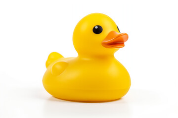 Yellow rubber duck isolated on a solid white background.
