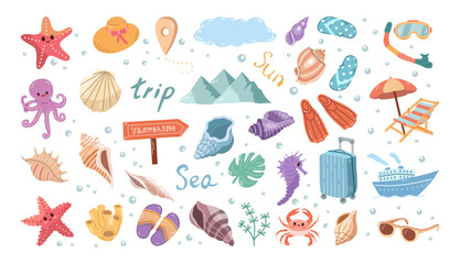 Hand-drawn colored sketch set of travel icons. Tourism and camping adventure icons. Сlipart with travelling elements: marine life, flip-flops, luggage, shells, hat, mountains etc.