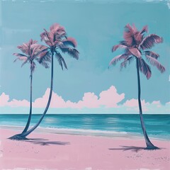 Twin palm trees on a tropical beach with retro pink and blue hues, evoking a vintage vacation vibe.