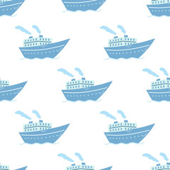 Cute hand drawn ship seamless pattern, steamboat, steamship. Flat vector illustration isolated on white background. Doodle drawing.