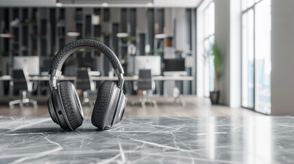 Retroinspired headphones adorned with a detailed pattern placed in a sleek and modern office space , super realistic