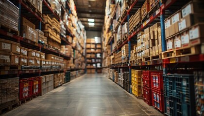 Warehouse Interior with Rows of Shelves Filled with Boxes, Selective Focus on Foreground