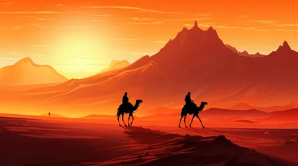 Poster Tranquil desert night camels under moonlight scenic banner of desert landscape © Aliaksandra