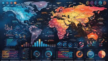 a colorful map of the world with graphs and charts on a dark background