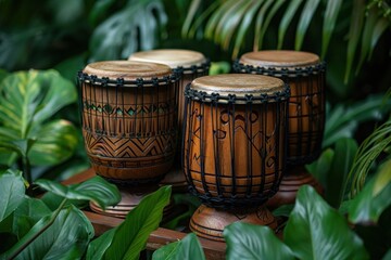 Set of Four Authentic African Djembe Drums on Vibrant Leafy Green Foliage Background