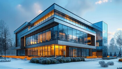 Modern office building with glass windows reflecting winter fir trees under snow at dusk