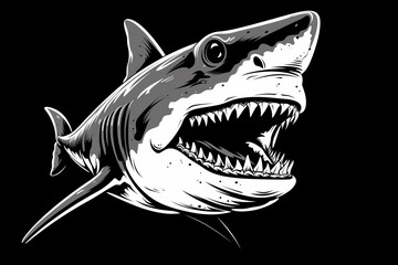A high-resolution black and white vector-style face of a shark isolated on a solid background.