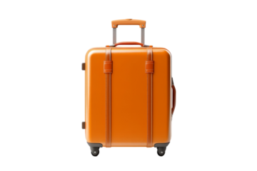 Orange Suitcase With Wheels on White Background. On a White or Clear Surface PNG Transparent Background.