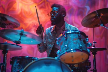 Fototapeta na wymiar Musician Behind Drums in Neon Light: Percussion Dance