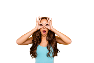 Close up photo amazing beautiful her she funky lady hands arms okey symbol near eyes unbelievable mouth opened wearing blue teal green everyday short dress clothes isolated yellow background