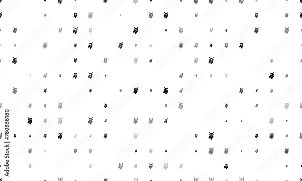 Poster seamless background pattern of evenly spaced black owl symbols of different sizes and opacity. illus