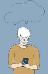 Elder man with smartphone. Flat style elder man holding smartphone in hands - 780368112