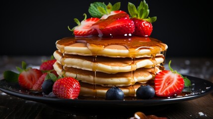 Delicious homemade pancakes with fresh berries and maple syrup for breakfast, free copy space