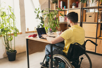 Businessman, employee, young man sitting on wheelchair at home, working online on laptop with financial analytics, infographics. Concept of healthcare, lifestyle, wellness, comfort, empowerment