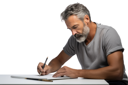 A middle-aged man is drawing a picture of a relaxed atmosphere, Isolated on a transparent background.