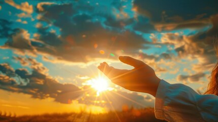 giving thanks, hands happy girl sunset, girl stretches out her hand to the sun, light, fear, sunny, look sky, hold, good prayer religion dreams - obrazy, fototapety, plakaty