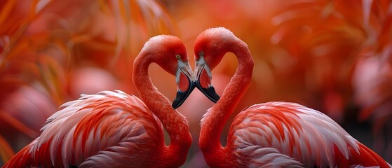 Two pink flamingos forming a heart shape with their necks. Concept Animal Behavior, Love and Affection, Creative Photography, Wildlife Encounters, Nature Moments - obrazy, fototapety, plakaty