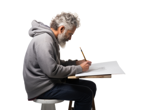 A middle-aged man is drawing a picture of a relaxed atmosphere, Isolated on a transparent background.