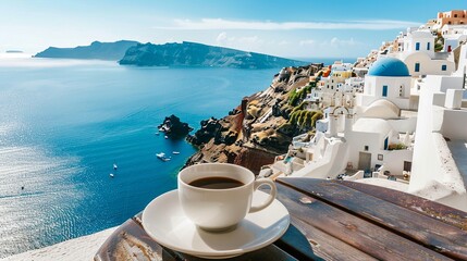 Enjoying a peaceful morning coffee on a terrace with a panoramic view of the sparkling Aegean Sea...