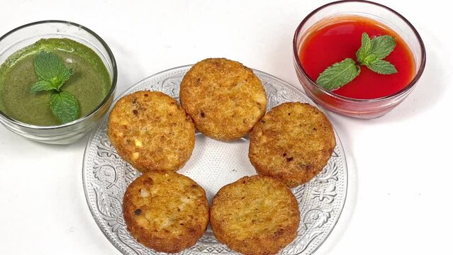 Street food of India. Potato Aloo Tikki served with yogurt closeup in a plate on the table. horizontal in india