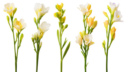 Fototapeta na wymiar Freesia white flowers set twigs with buds in bloom isolated on white background
