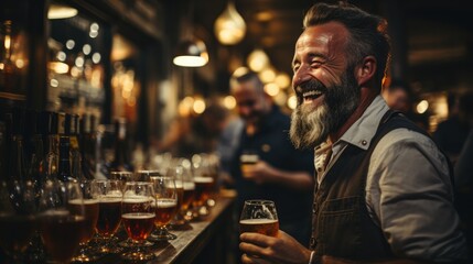Barmen giving beer to client in bar - obrazy, fototapety, plakaty
