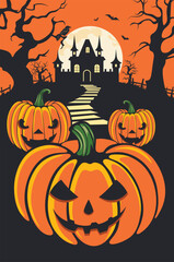 Halloween pumpkins and house. Spooky trees and house silhouettes, Halloween pumpkins illustration. - 780368960