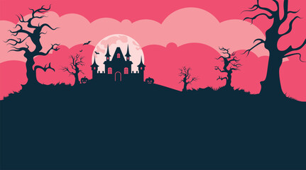 Fototapeta na wymiar Halloween pumpkins and house. Spooky trees and house silhouettes, Halloween pumpkins illustration.