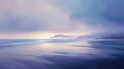 A secluded beach at dawn, where the first light of day paints the sky in soft pastel hues, reflected in the tranquil waters of the sea.